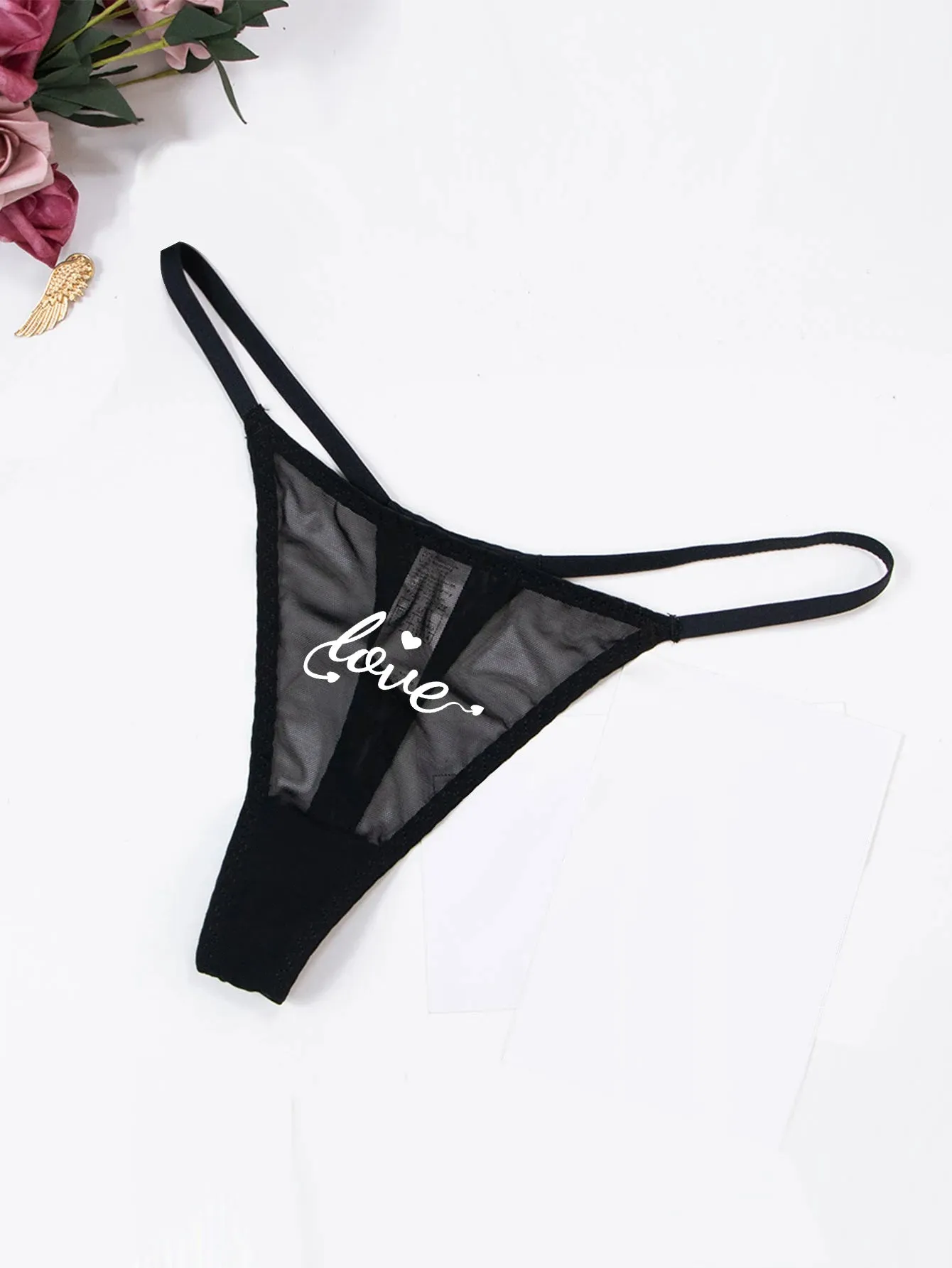 Fashion Solid Colour Mesh Mouth & Letter Printing  Low Waist Panty Lingerie For Woman Ladies Thong Underwear
