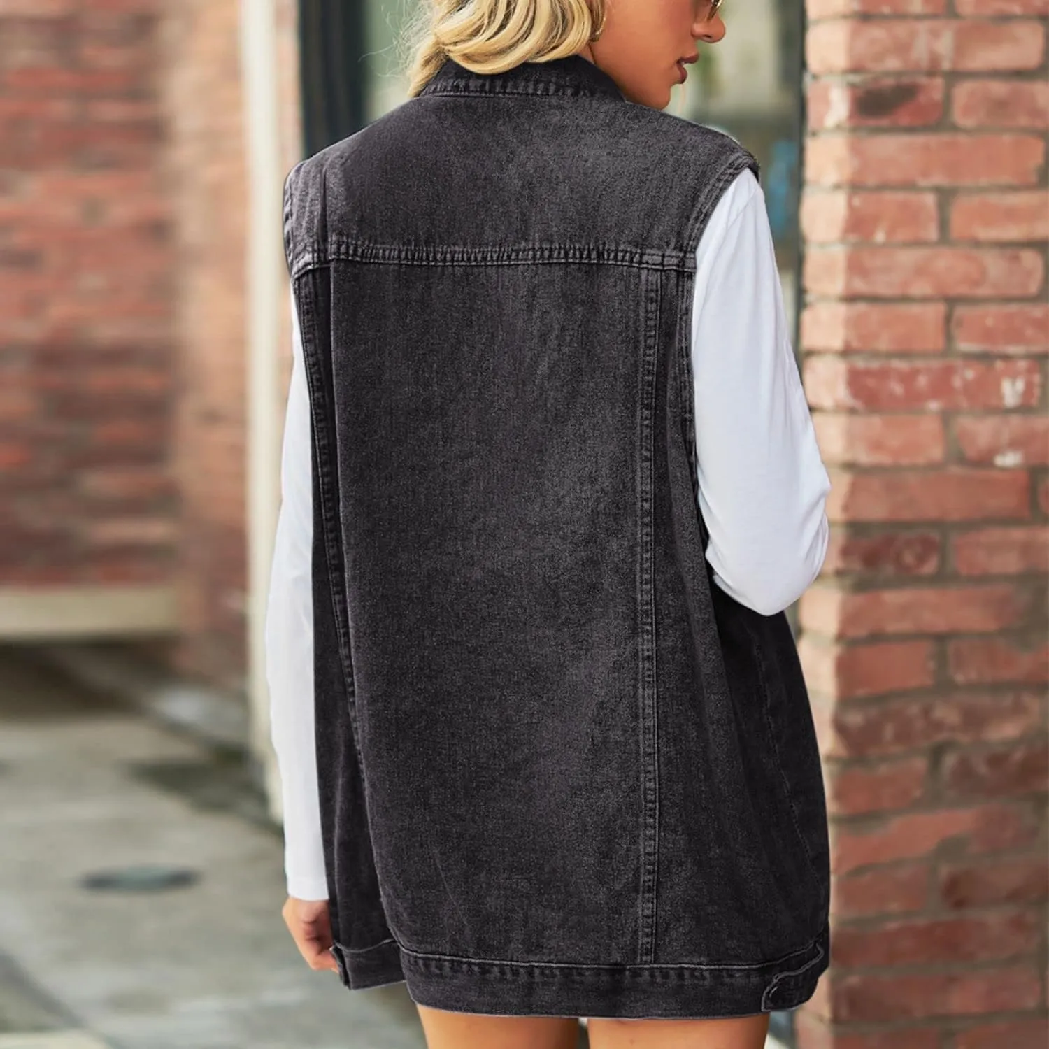 FindThy Womens Vintage Denim Jean Vest Oversized Button Down Jean Waistcoat Gilet