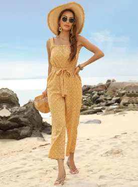Floral Sling Lotus Leaf Lace-up Jumpsuit
