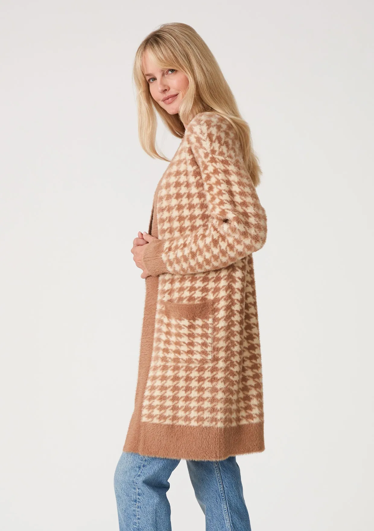 Fuzzy Houndstooth Long Sleeve Cardigan