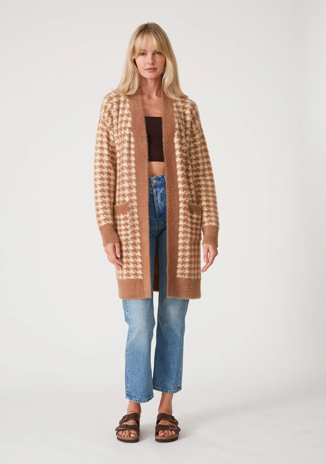 Fuzzy Houndstooth Long Sleeve Cardigan