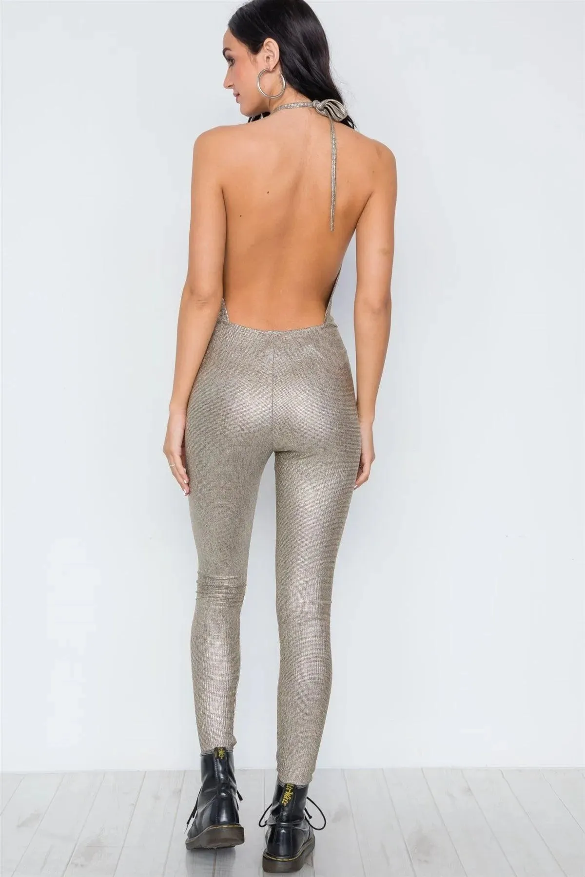 Gold Open Back Halter Neck Bodycon Jumpsuit /3-2-1