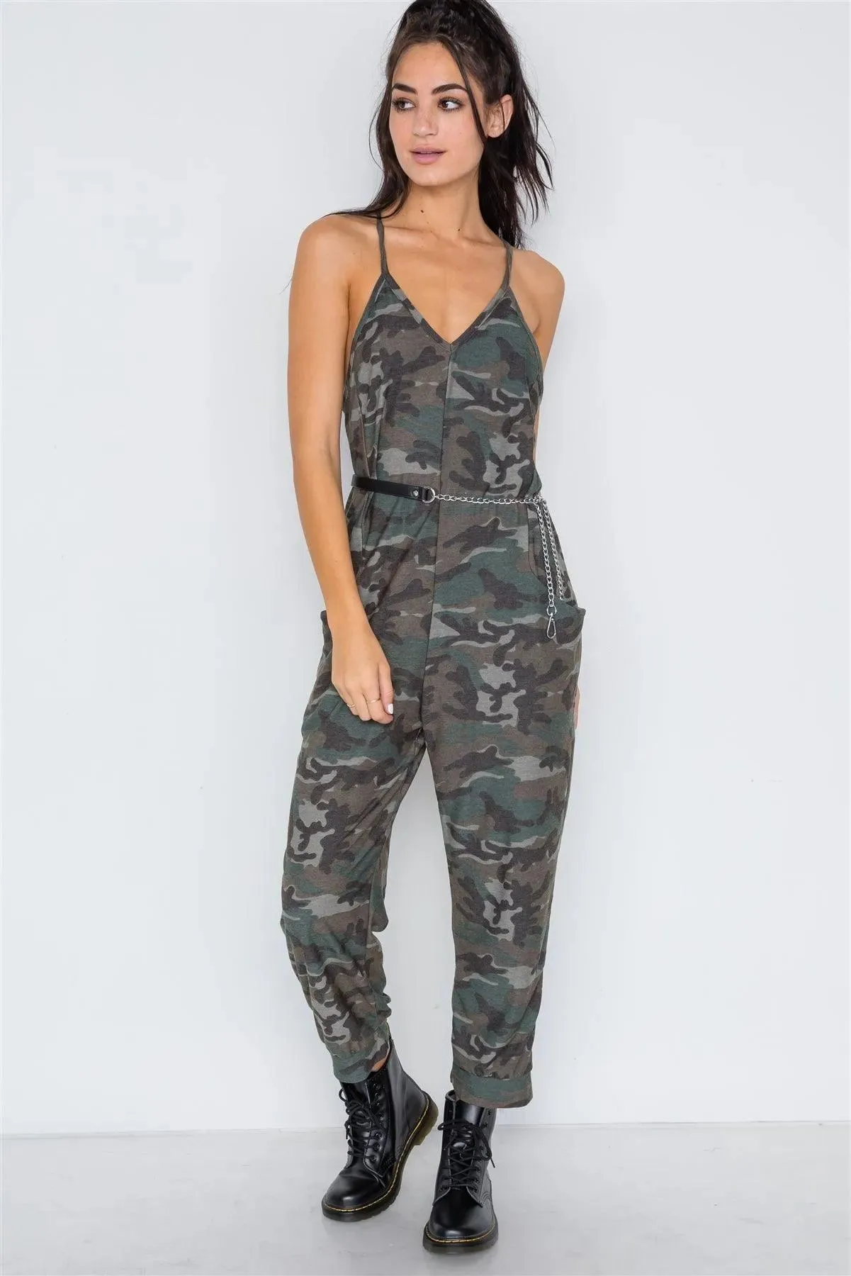 Green Camouflage Knit Cami Harem Jumpsuit /2-2-2