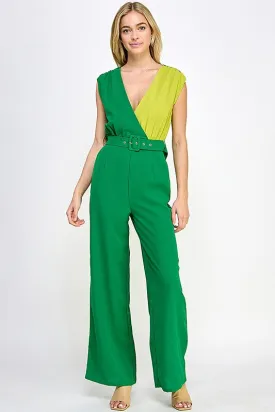 Green Sleeveless Jumpsuit With Color Block Top