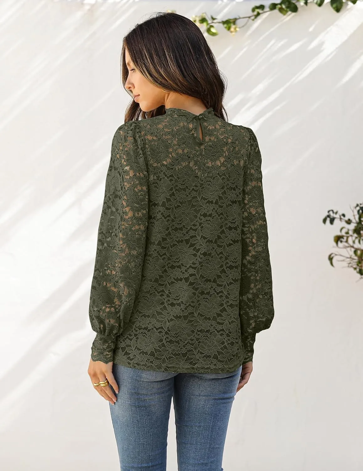 HOTOUCH Womens Lace Tops Sheer Long Sleeve Tops for Women Casual Dressy Blouse Shirt with Camisole 2 PCS Set