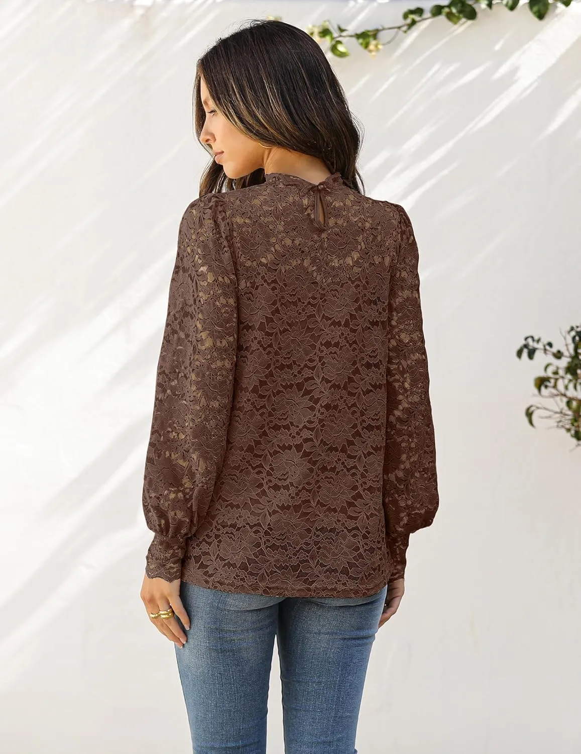 HOTOUCH Womens Lace Tops Sheer Long Sleeve Tops for Women Casual Dressy Blouse Shirt with Camisole 2 PCS Set