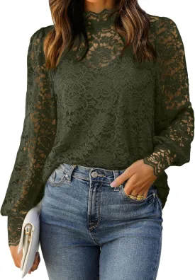 HOTOUCH Womens Lace Tops Sheer Long Sleeve Tops for Women Casual Dressy Blouse Shirt with Camisole 2 PCS Set