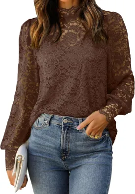 HOTOUCH Womens Lace Tops Sheer Long Sleeve Tops for Women Casual Dressy Blouse Shirt with Camisole 2 PCS Set