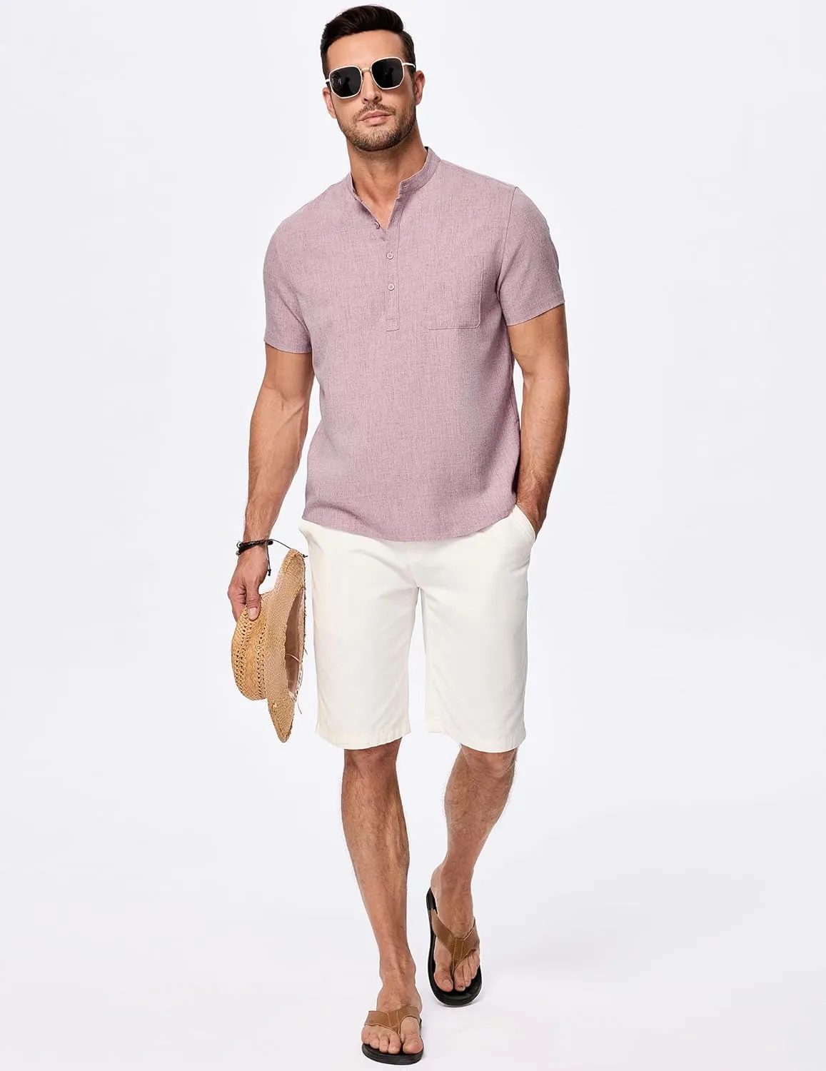 JMIERR Mens Short Sleeve Linen Henley Shirts Casual Button Down Shirt Summer Beach Wear with Pocket