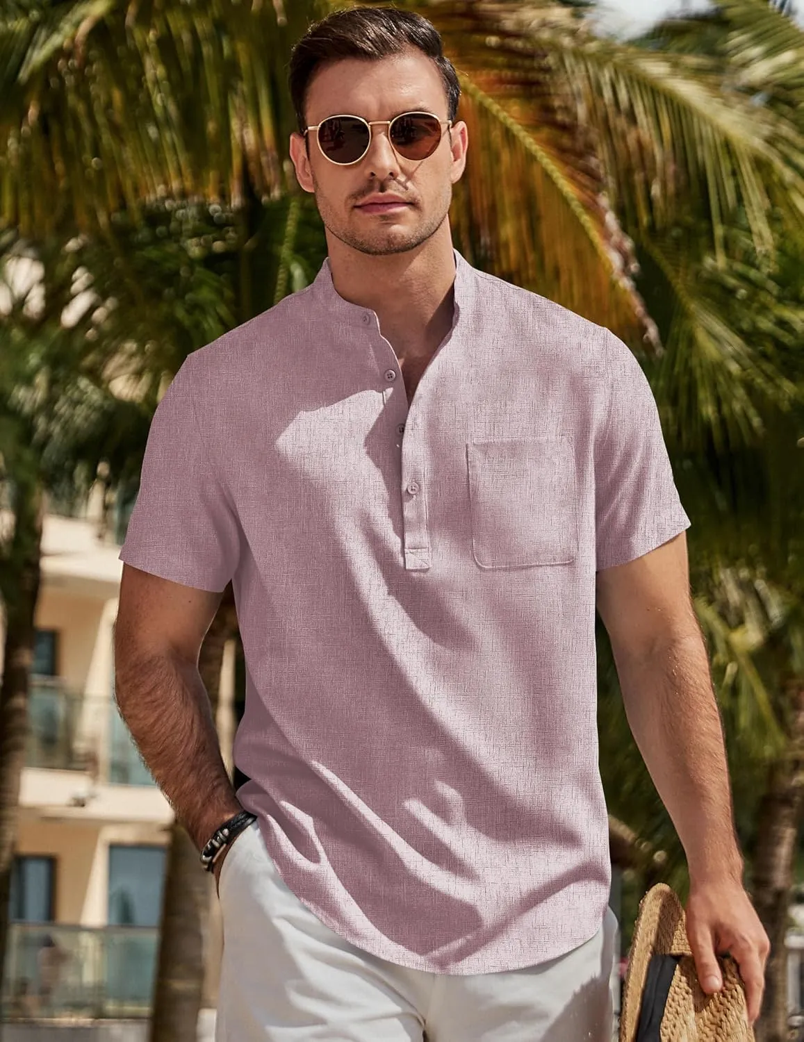 JMIERR Mens Short Sleeve Linen Henley Shirts Casual Button Down Shirt Summer Beach Wear with Pocket