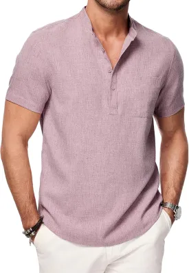 JMIERR Mens Short Sleeve Linen Henley Shirts Casual Button Down Shirt Summer Beach Wear with Pocket
