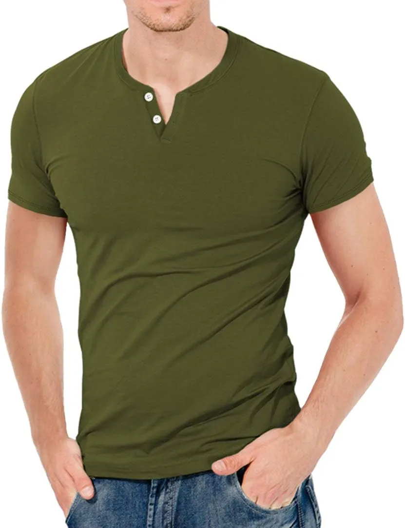 KUYIGO Mens Henley Shirts Slim Fit Short Sleeve Fashion Cotton Tops Tee