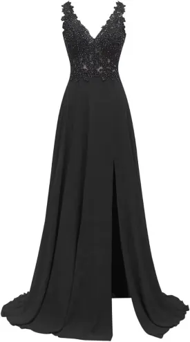 Lace Appliques Chiffon Bridesmaid Dresses 2025 Long Beaded Prom Dress A Line Formal Party Evening Gowns with Slit for Women