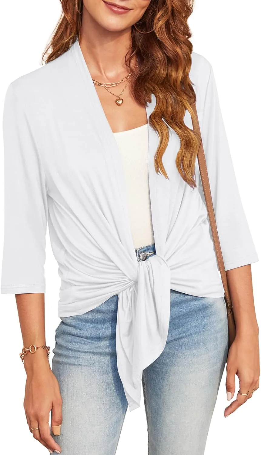 Lightweight Summer 3/4 Sleeve Cardigan for Women Trendy Casual Draped Tie Front Cardigans Fall Shrugs High Low Hem