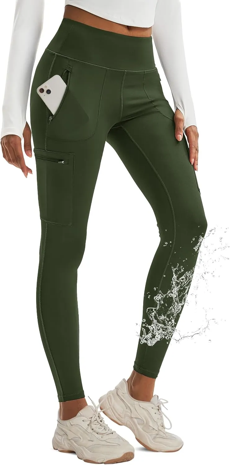 MAGCOMSEN Women's Hiking Leggings with 4 Zipper Pockets Water Resistant High Waisted Cargo Leggings Workout Running Yoga