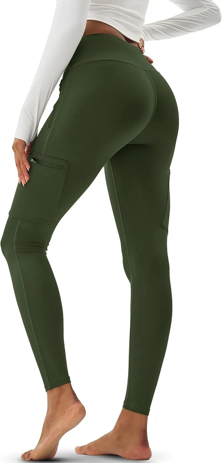 MAGCOMSEN Women's Hiking Leggings with 4 Zipper Pockets Water Resistant High Waisted Cargo Leggings Workout Running Yoga
