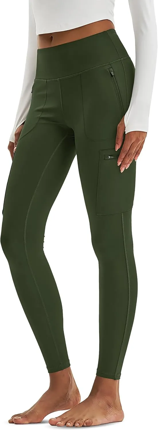 MAGCOMSEN Women's Hiking Leggings with 4 Zipper Pockets Water Resistant High Waisted Cargo Leggings Workout Running Yoga