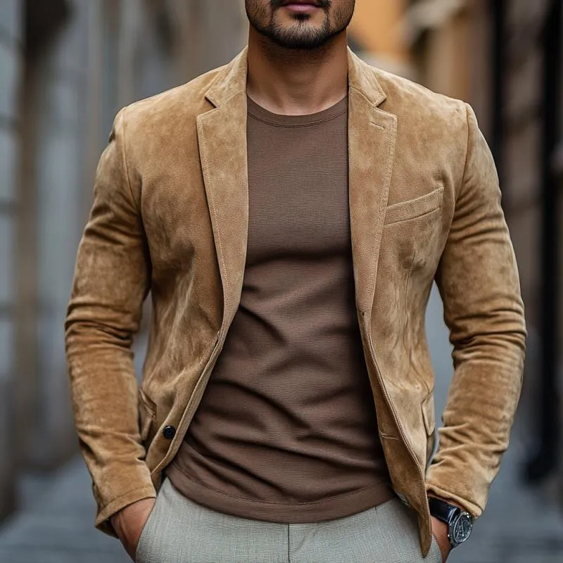 Men's Classic Casual Single Breasted Slim Fit Suede Blazer 18523716K