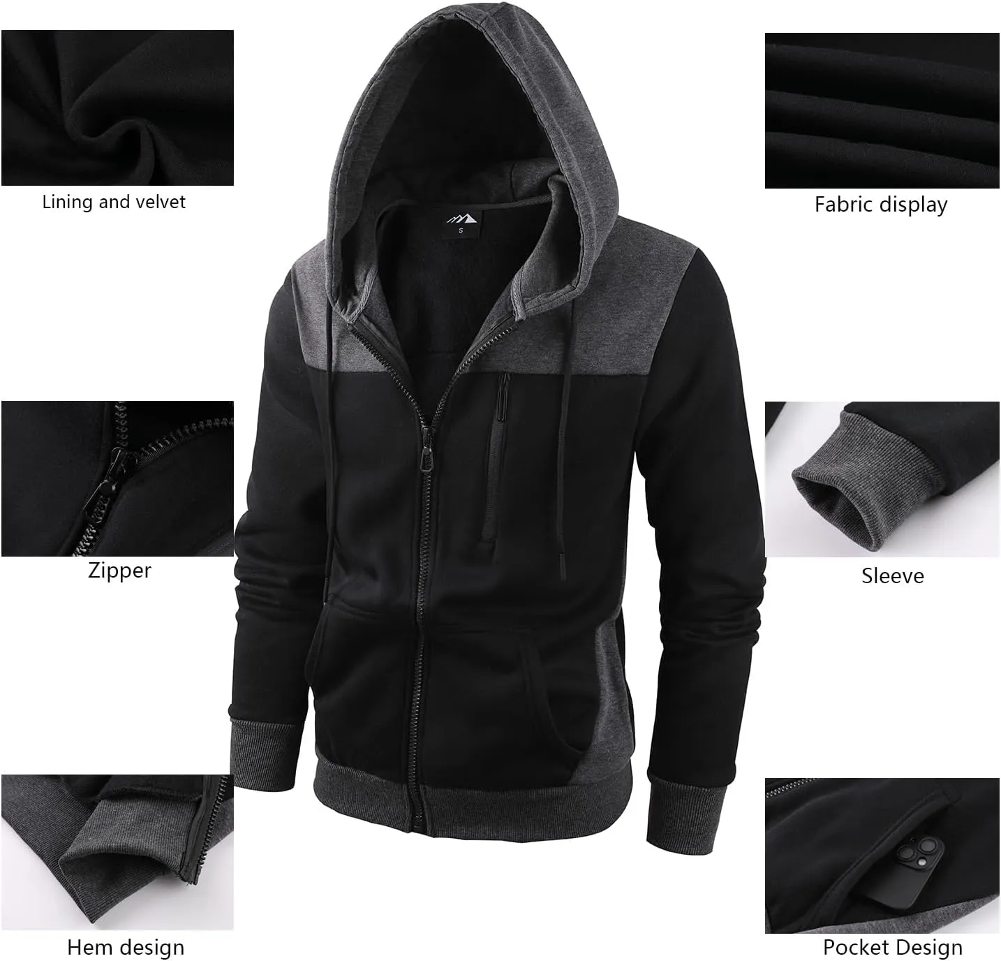 Men's Full Zip Fleece Hoodie zippered Color Block hooded slim Fit Long Sleeve Lightweight Sweatshirt