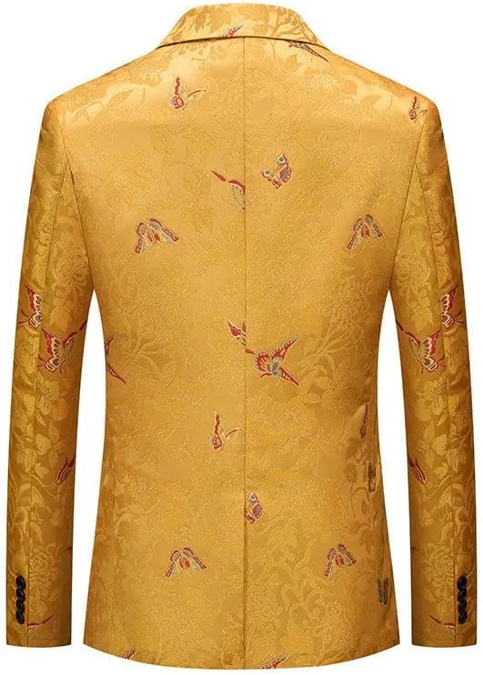Men's Korean Slim Fit One Button Gold Thread Jacquard Business Casual Blazer Jacket Banquet MC Tuxedo