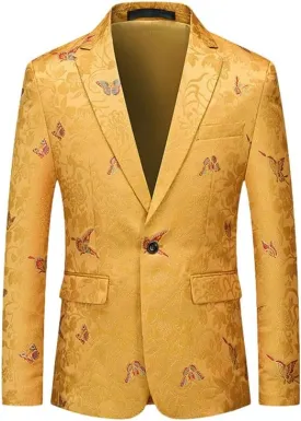 Men's Korean Slim Fit One Button Gold Thread Jacquard Business Casual Blazer Jacket Banquet MC Tuxedo