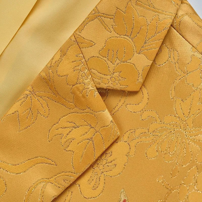 Men's Korean Slim Fit One Button Gold Thread Jacquard Business Casual Blazer Jacket Banquet MC Tuxedo
