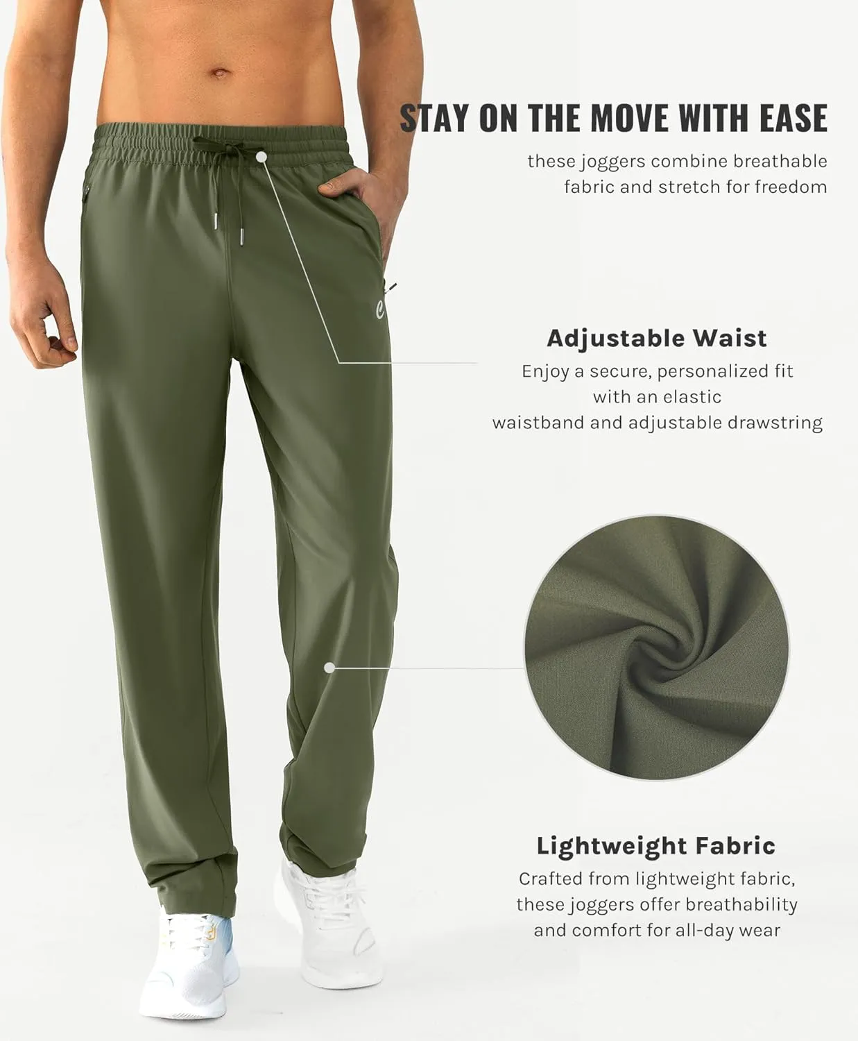 Mens Lightweight Joggers Stretch Tapered Joggers with Zipper Pockets Athletic Pants for Workout, Jogging, Running