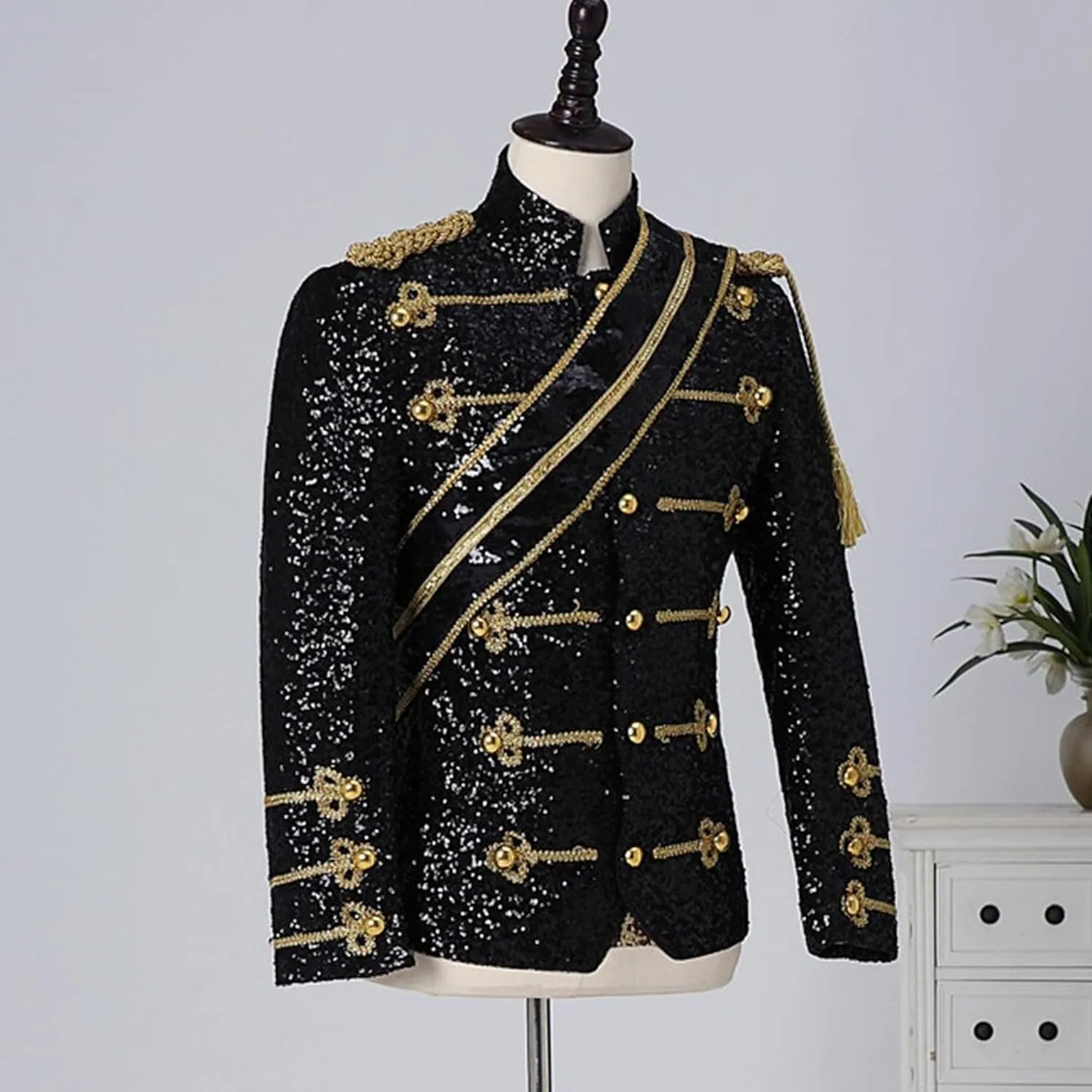 Mens Luxury Sequin Suit Blazer Jacket Medieval Dinner Party Uniform Fit Stand Collar Shiny Party Tuxedo