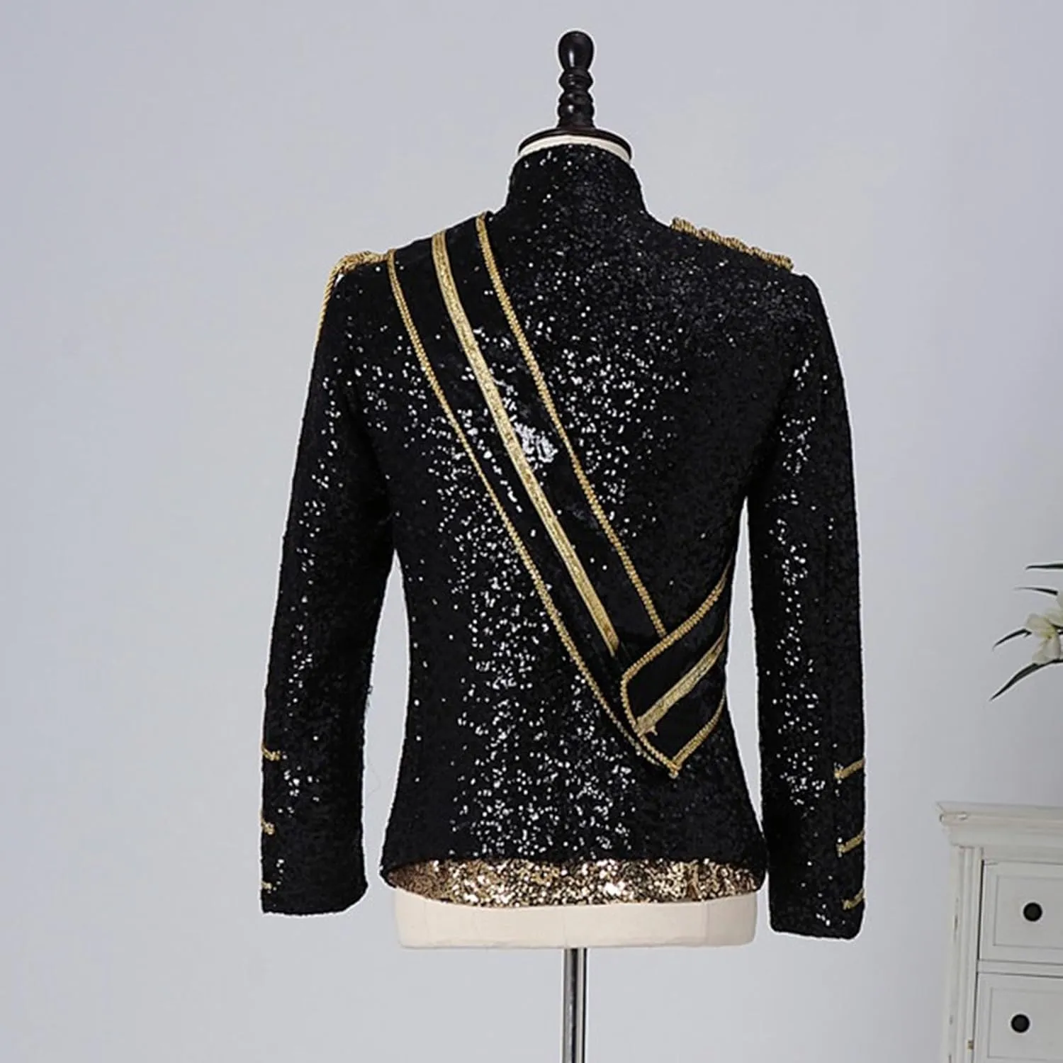 Mens Luxury Sequin Suit Blazer Jacket Medieval Dinner Party Uniform Fit Stand Collar Shiny Party Tuxedo