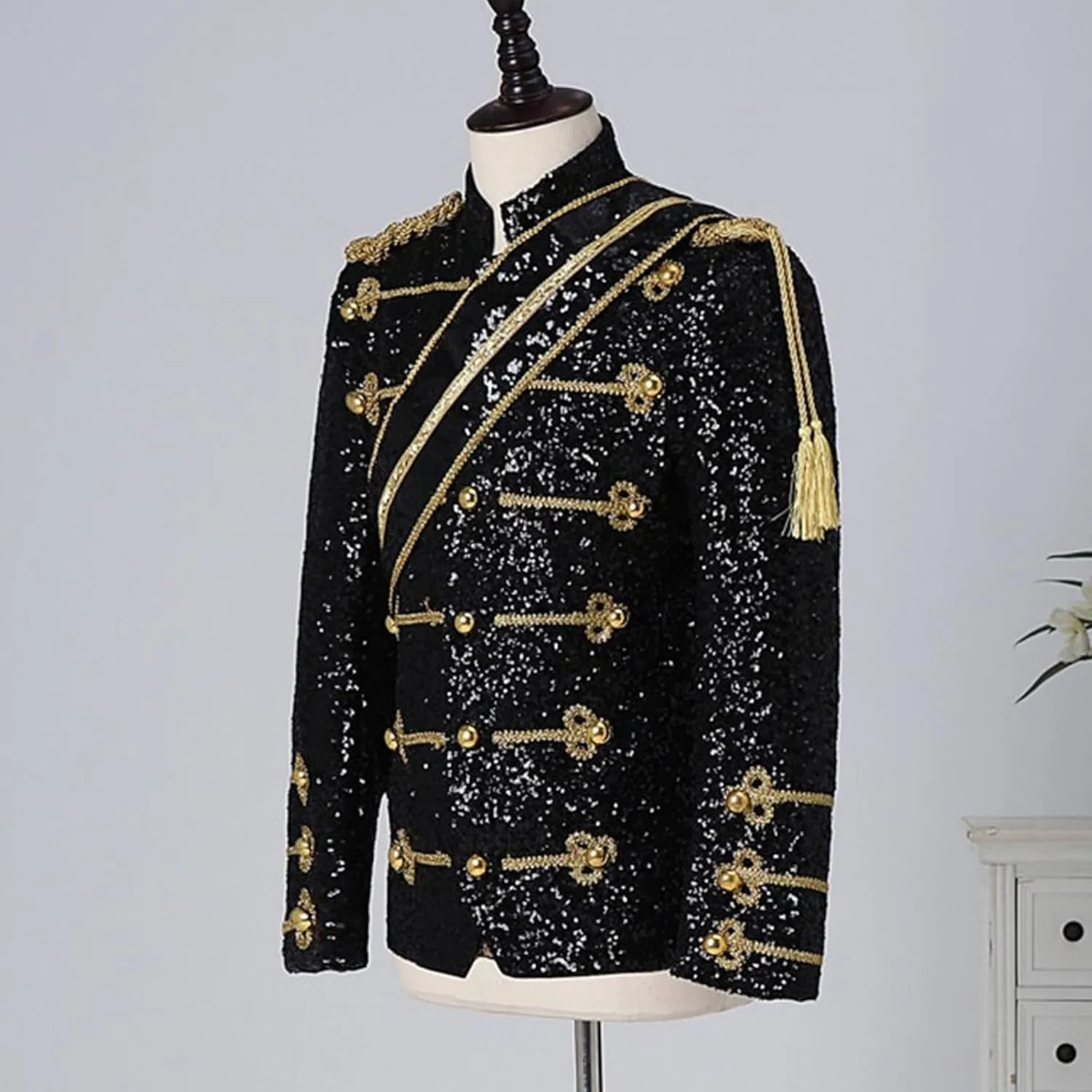 Mens Luxury Sequin Suit Blazer Jacket Medieval Dinner Party Uniform Fit Stand Collar Shiny Party Tuxedo