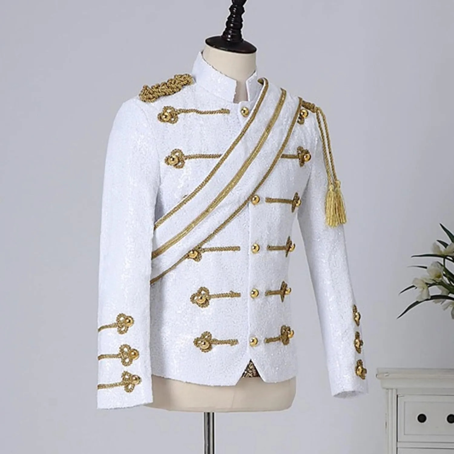 Mens Luxury Sequin Suit Blazer Jacket Medieval Dinner Party Uniform Fit Stand Collar Shiny Party Tuxedo