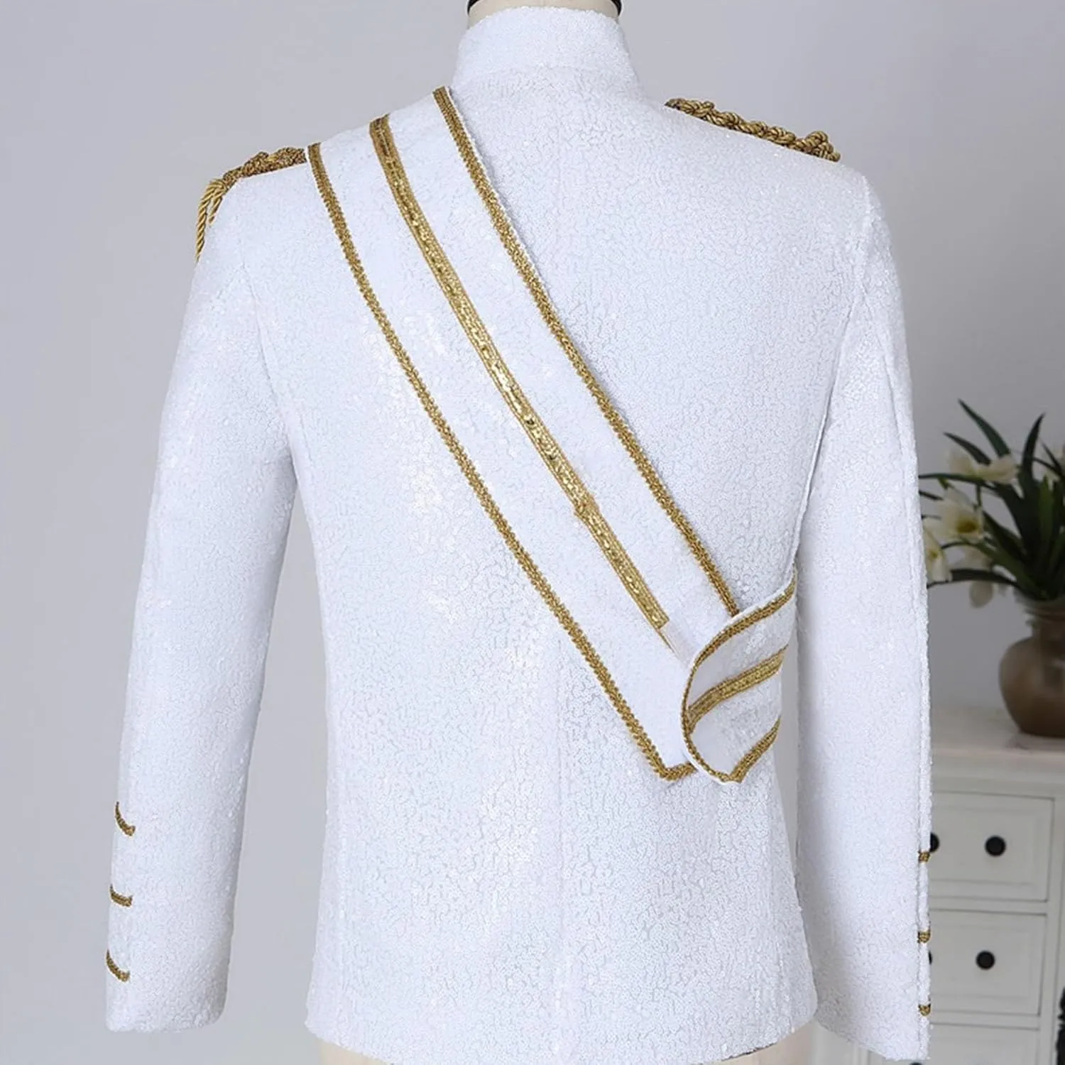 Mens Luxury Sequin Suit Blazer Jacket Medieval Dinner Party Uniform Fit Stand Collar Shiny Party Tuxedo