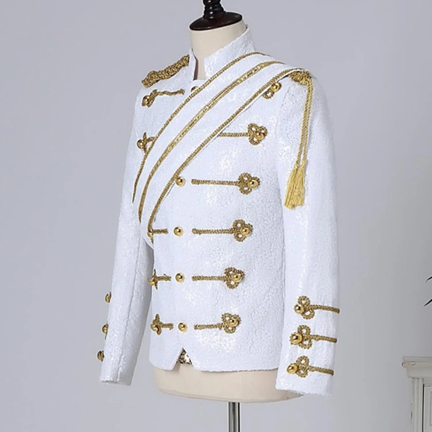 Mens Luxury Sequin Suit Blazer Jacket Medieval Dinner Party Uniform Fit Stand Collar Shiny Party Tuxedo
