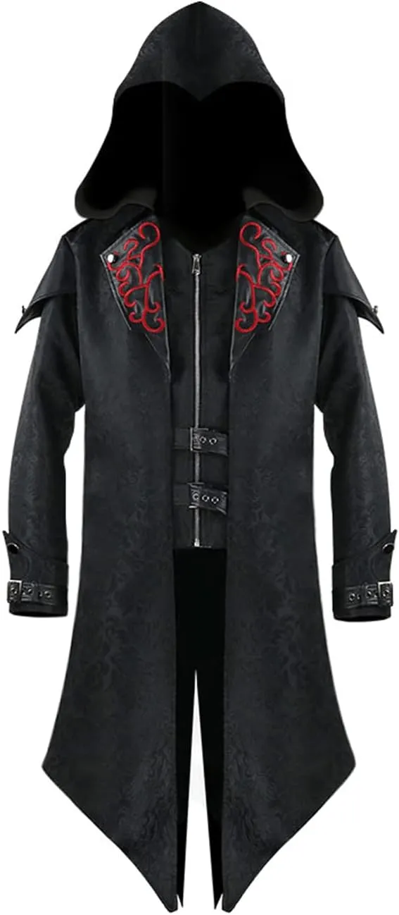 Men's Medieval Tailcoat Steampunk Vintage Spliced Hooded Trench Zipper Coat Gothic Dark Halloween Costume