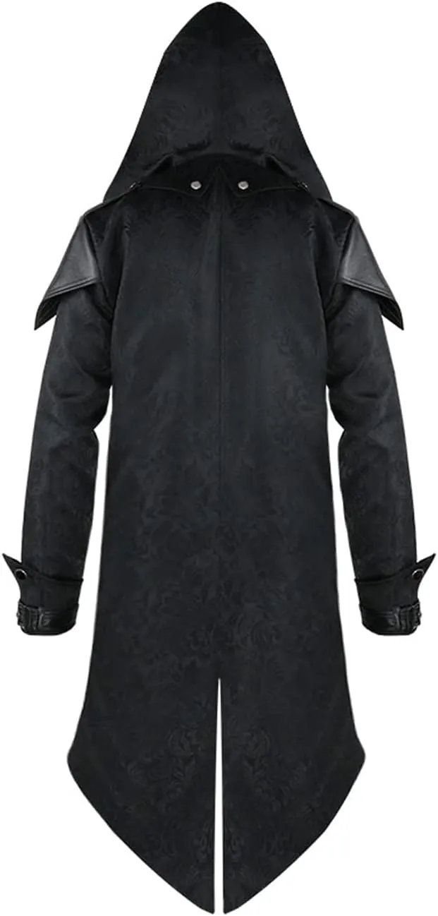 Men's Medieval Tailcoat Steampunk Vintage Spliced Hooded Trench Zipper Coat Gothic Dark Halloween Costume