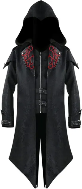Men's Medieval Tailcoat Steampunk Vintage Spliced Hooded Trench Zipper Coat Gothic Dark Halloween Costume