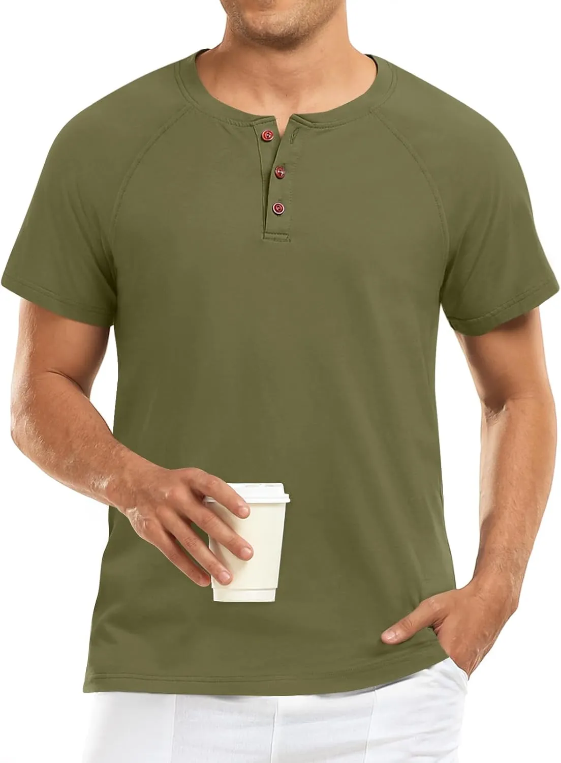 Men's Summer Polo Shirts Short Sleeve Cotton Casual Henley T-Shirts Button Raglan Sleeve Tees