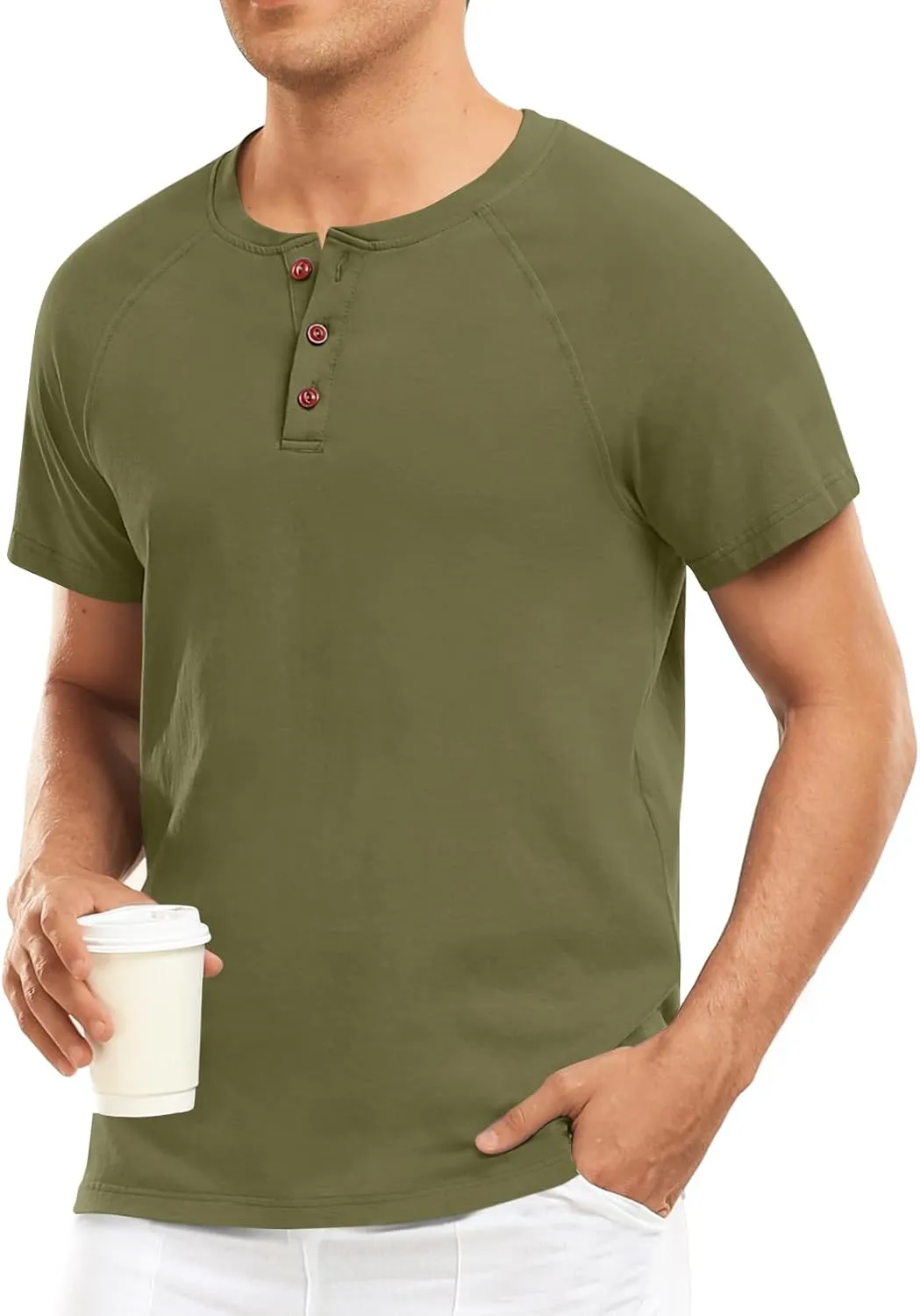 Men's Summer Polo Shirts Short Sleeve Cotton Casual Henley T-Shirts Button Raglan Sleeve Tees