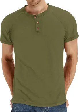 Men's Summer Polo Shirts Short Sleeve Cotton Casual Henley T-Shirts Button Raglan Sleeve Tees