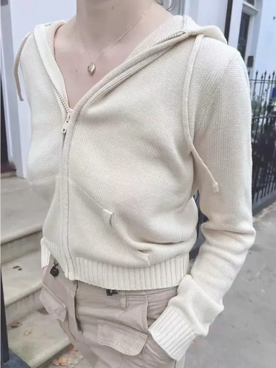 MOLERFO Women's Cropped Zip Up Hoodie Knitted Vintage Hooded Sweater Y2k Ribbed Knit Drawstring Cardigan with Pocket