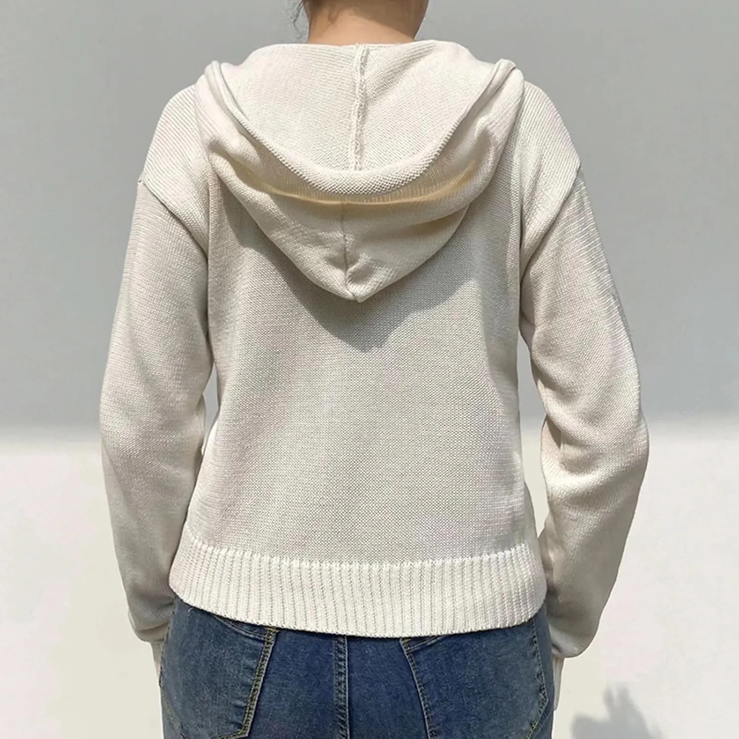 MOLERFO Women's Cropped Zip Up Hoodie Knitted Vintage Hooded Sweater Y2k Ribbed Knit Drawstring Cardigan with Pocket