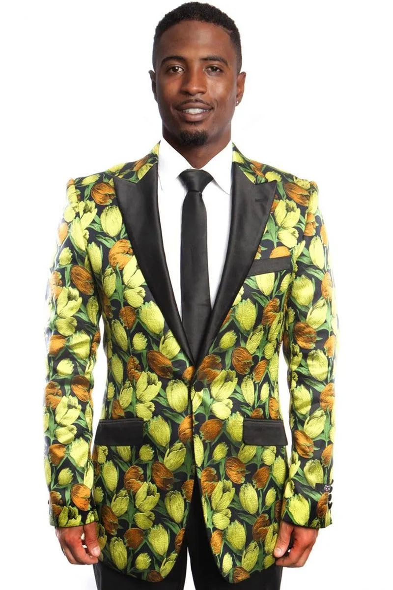 "Elegant Blue Tulip Floral Tuxedo Jacket for Prom and Wedding Celebrations"