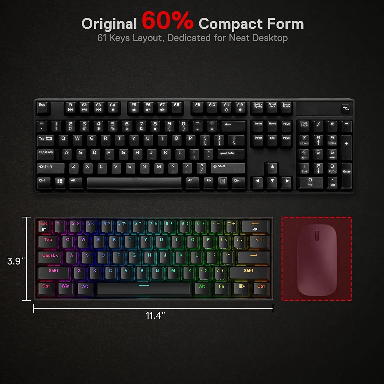 Redragon K530 Pro Draconic 60% Wireless RGB Mechanical Keyboard, BT/2.4Ghz/Wired 3-Mode 61 Keys Compact Gaming Keyboard w/Hot-Swap Socket, Free-Mod Plate Mounted PCB & Linear Red Switch