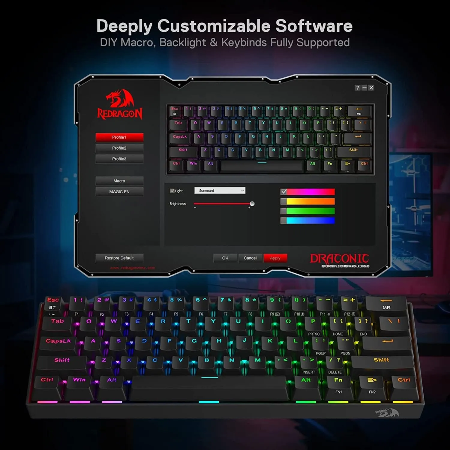 Redragon K530 Pro Draconic 60% Wireless RGB Mechanical Keyboard, BT/2.4Ghz/Wired 3-Mode 61 Keys Compact Gaming Keyboard w/Hot-Swap Socket, Free-Mod Plate Mounted PCB & Linear Red Switch