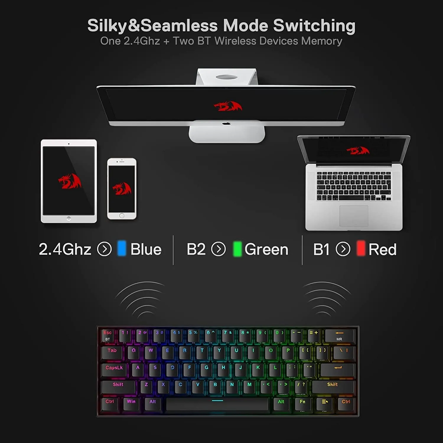 Redragon K530 Pro Draconic 60% Wireless RGB Mechanical Keyboard, BT/2.4Ghz/Wired 3-Mode 61 Keys Compact Gaming Keyboard w/Hot-Swap Socket, Free-Mod Plate Mounted PCB & Linear Red Switch
