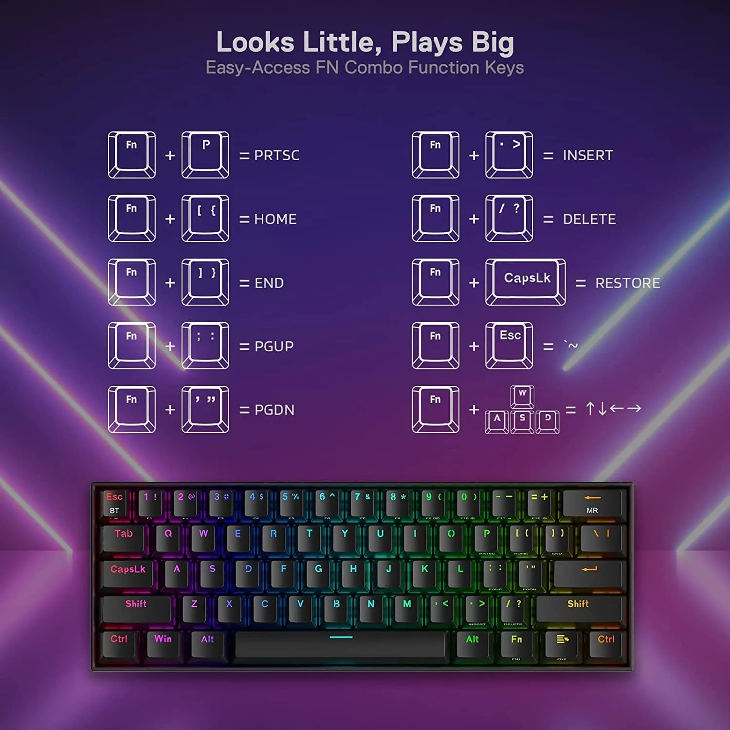 Redragon K530 Pro Draconic 60% Wireless RGB Mechanical Keyboard, BT/2.4Ghz/Wired 3-Mode 61 Keys Compact Gaming Keyboard w/Hot-Swap Socket, Free-Mod Plate Mounted PCB & Linear Red Switch