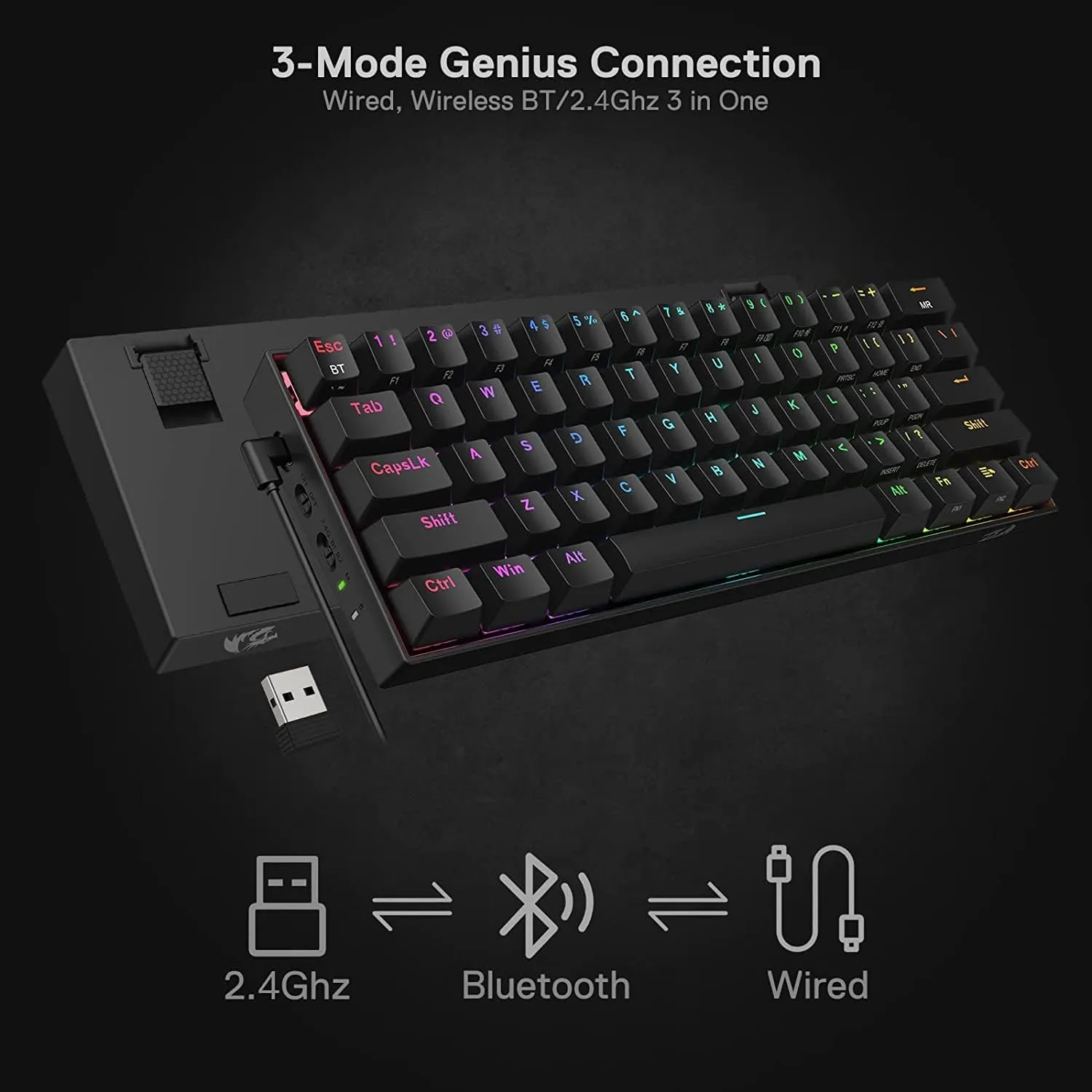 Redragon K530 Pro Draconic 60% Wireless RGB Mechanical Keyboard, BT/2.4Ghz/Wired 3-Mode 61 Keys Compact Gaming Keyboard w/Hot-Swap Socket, Free-Mod Plate Mounted PCB & Linear Red Switch
