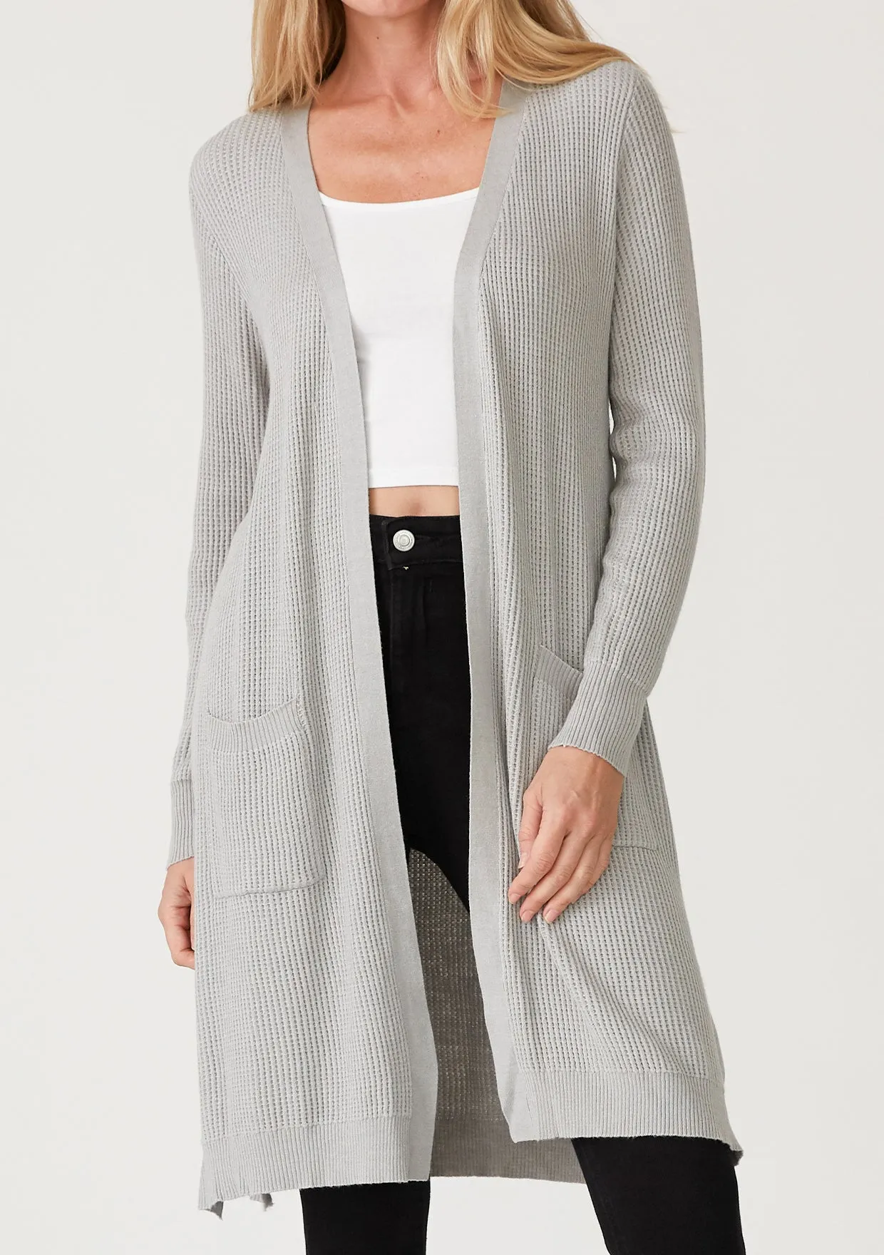 Rib-Knit Open Front Long Cardigan
