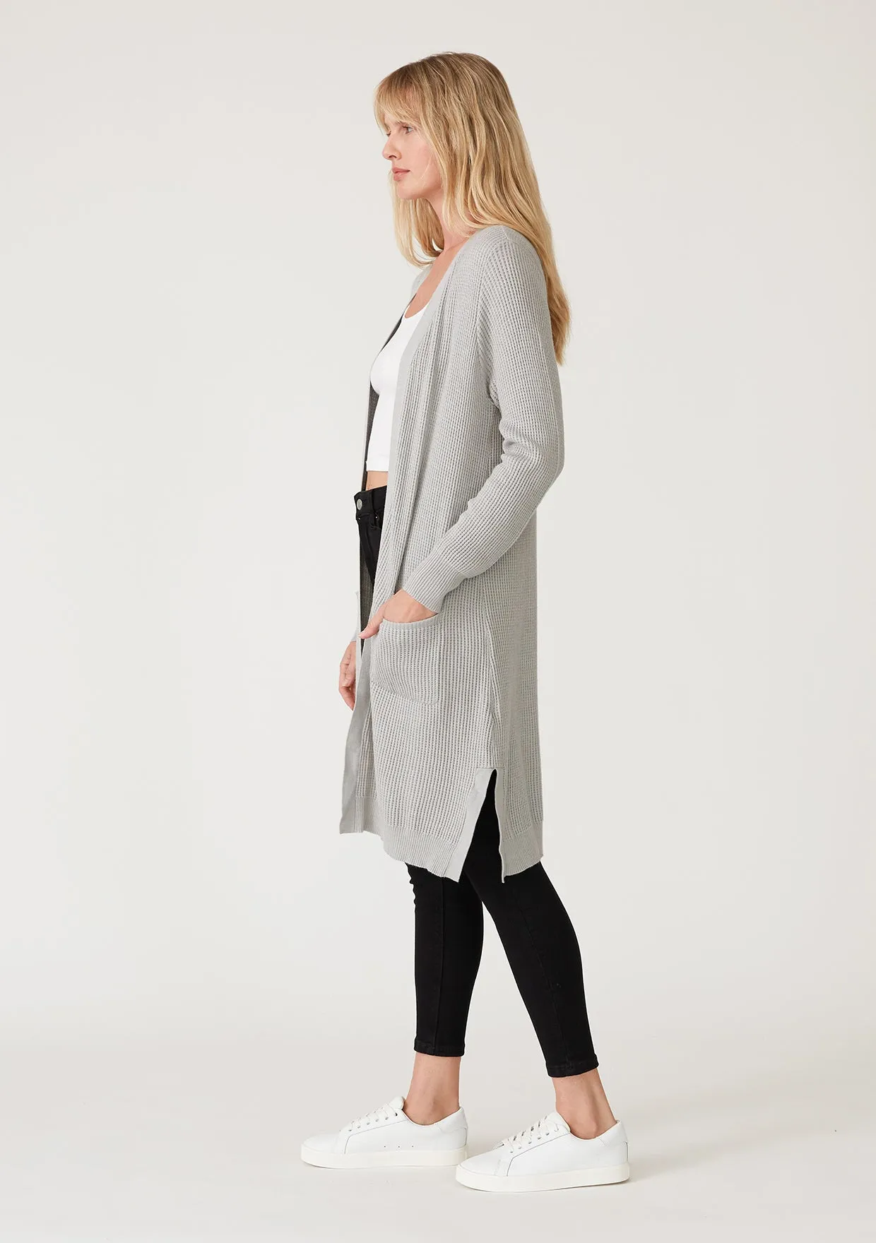 Rib-Knit Open Front Long Cardigan