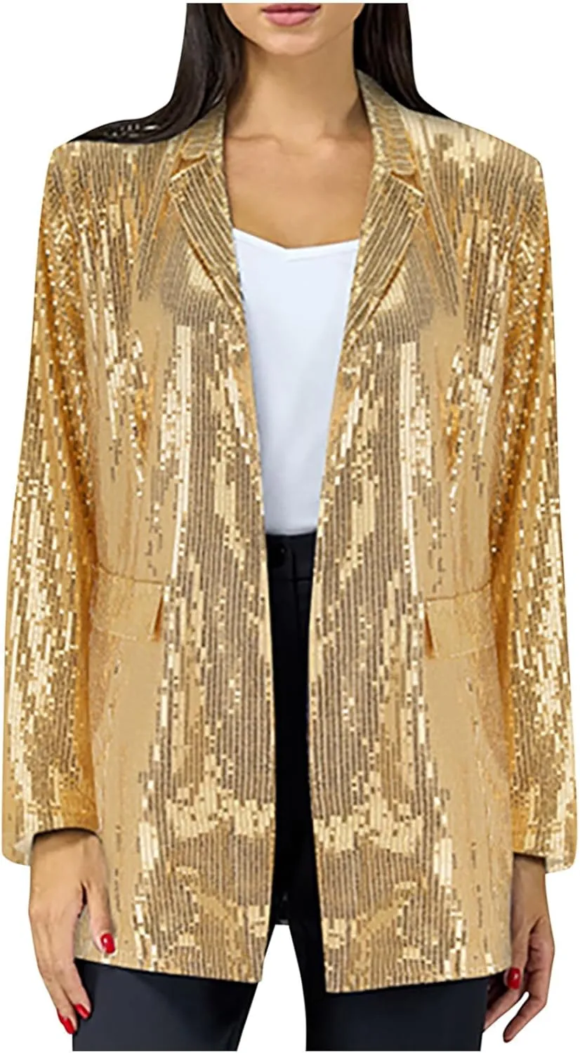 Sequin Blazer for Women Sparkly Jacket Cardigan Open Front Blazer Plus Size Outerwear Formal Jacket for Evening Gown